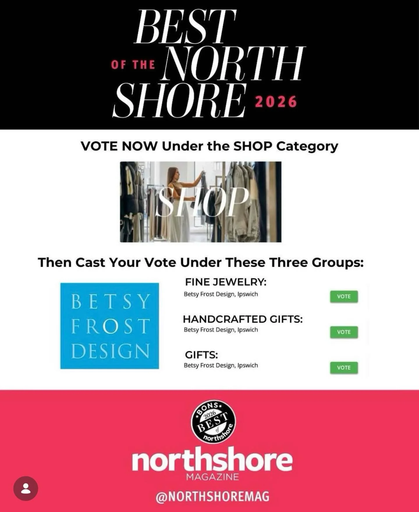 Only a few weeks left to vote! We are very happy to be nominated for BONS 2026 with @northshoremag. 
VOTE FOR US - In The &ldquo;SHOP&rdquo; Category
We Are Nominated in 3 Categories: 
✨FINE JEWELRY
✨HANDCRAFTED GIFTS
✨GIFTS
Thank you so much in adva