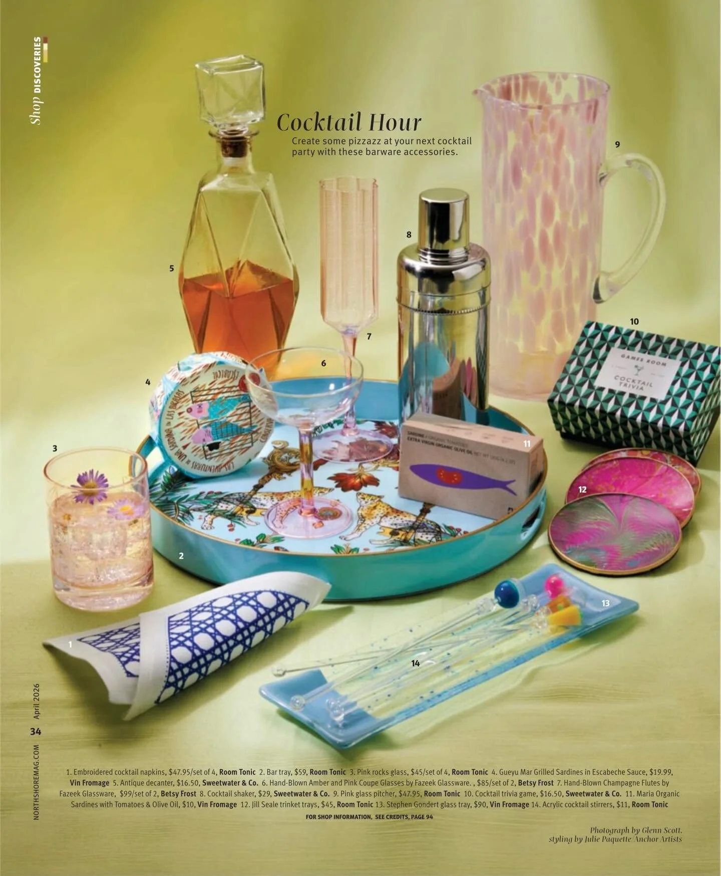 Thank you to @northshoremag for the April Editorial feature on this fun glassware by @fazeek_home! Cin, cin! 🥂 See our colorful Champagne Flutes &amp; Coupe Glasses for your next Spring Occasion &mdash;  at the shop or on betsyfrostdesign.com.