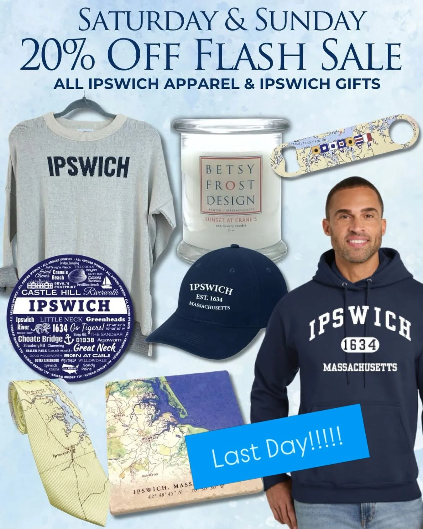 Last Day! 🚨 ENJOY OUR WEEKEND FLASH SALE: Saturday &amp; Sunday! Shop Our Ipswich-Themed Gifts and Save 20% OFF! We are OPEN: Sunday 11:30-3:30, or shop online on until midnight betsyfrostdesign.com under &ldquo;Ipswich Themed Gifts&rdquo;
Enjoy 20%