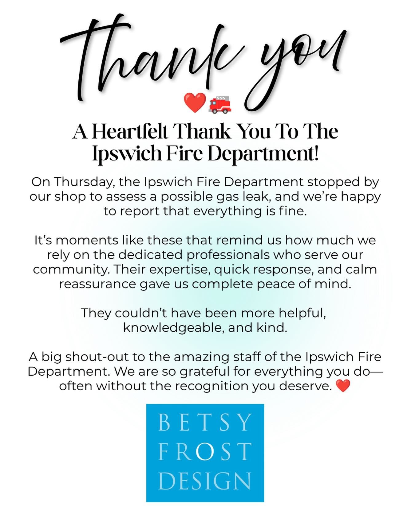 We just want to take a moment to give a shout out 📣 and sincere thank you 🩵to the @ipswichfire Department for all they do on a daily basis to support our community. #thankyouisnotenough #thankful #ipswichma