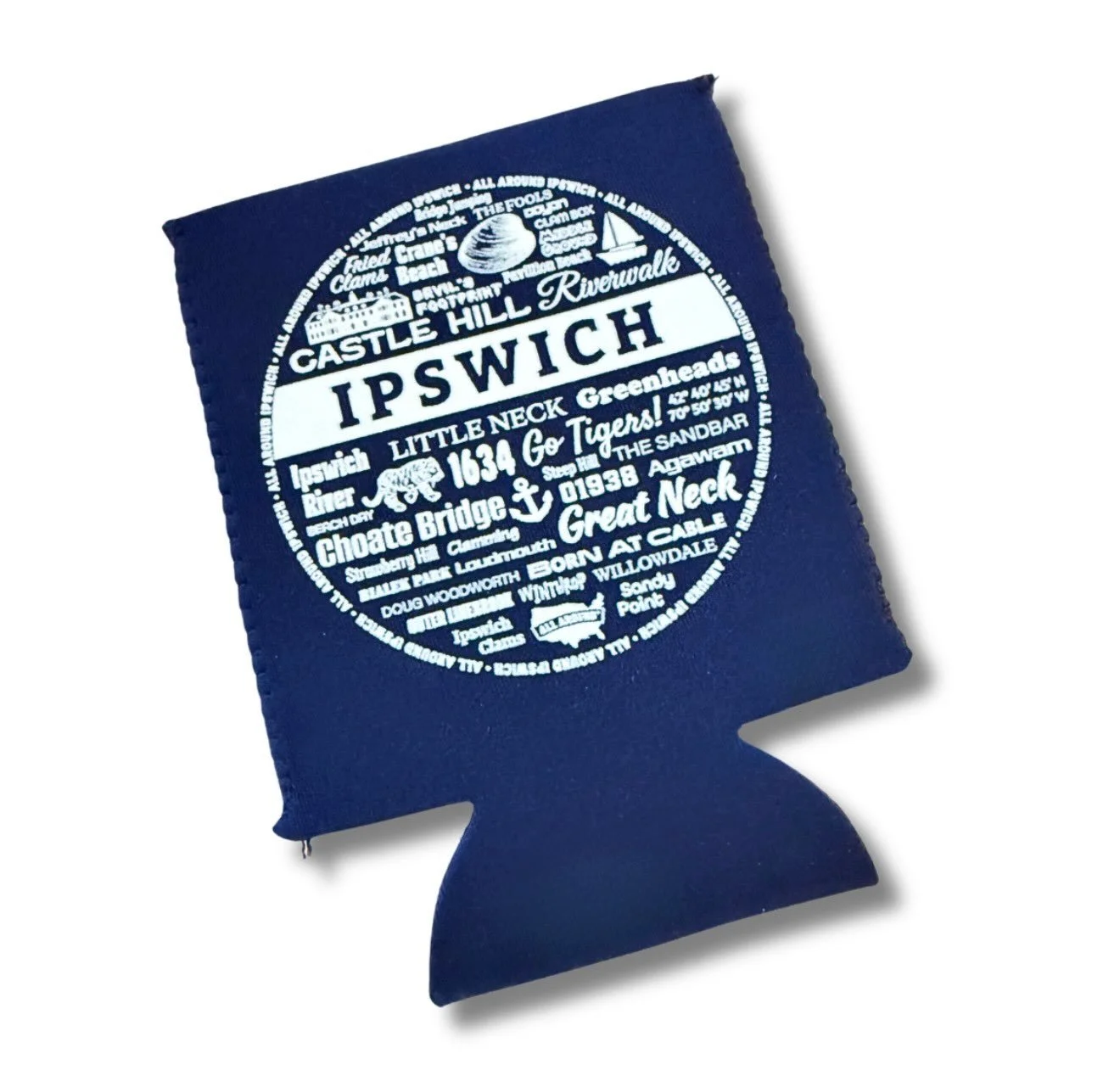 Keep your drink cold and your Ipswich pride on display with our Ipswich Themed koozie. Perfect for beach days, backyard gatherings, boat rides, and gifting, this fun local favorite fits most cans and bottles while adding a touch of hometown charm. A 