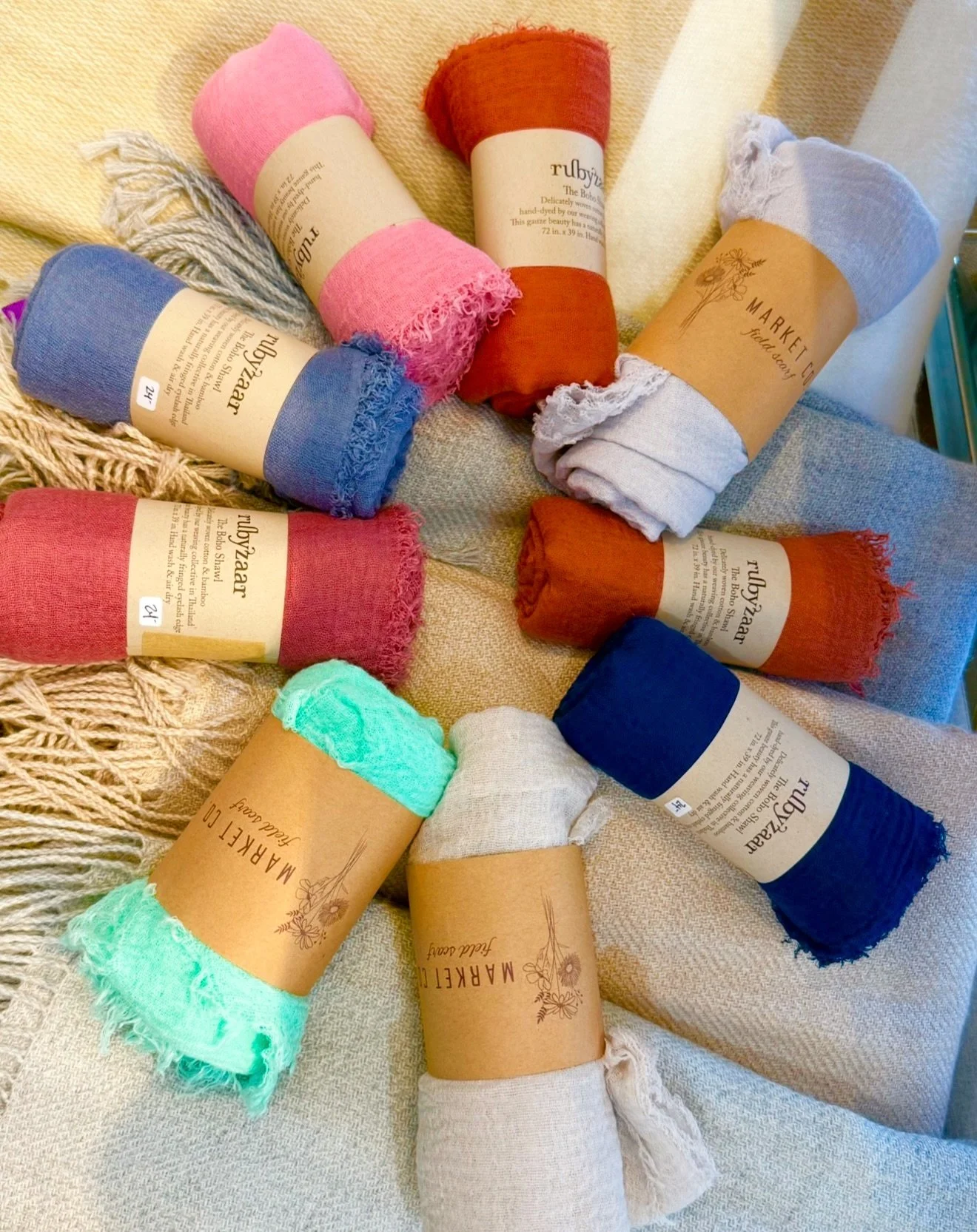 Buttery, soft, colorful, gauze boho scarves are here! 🧣✨ The perfect lightweight accent to wrap up your look &mdash; wear them around your neck, shoulder shawl, or as a stylish head scarf. So many fun ways to add a little color and flair to your out
