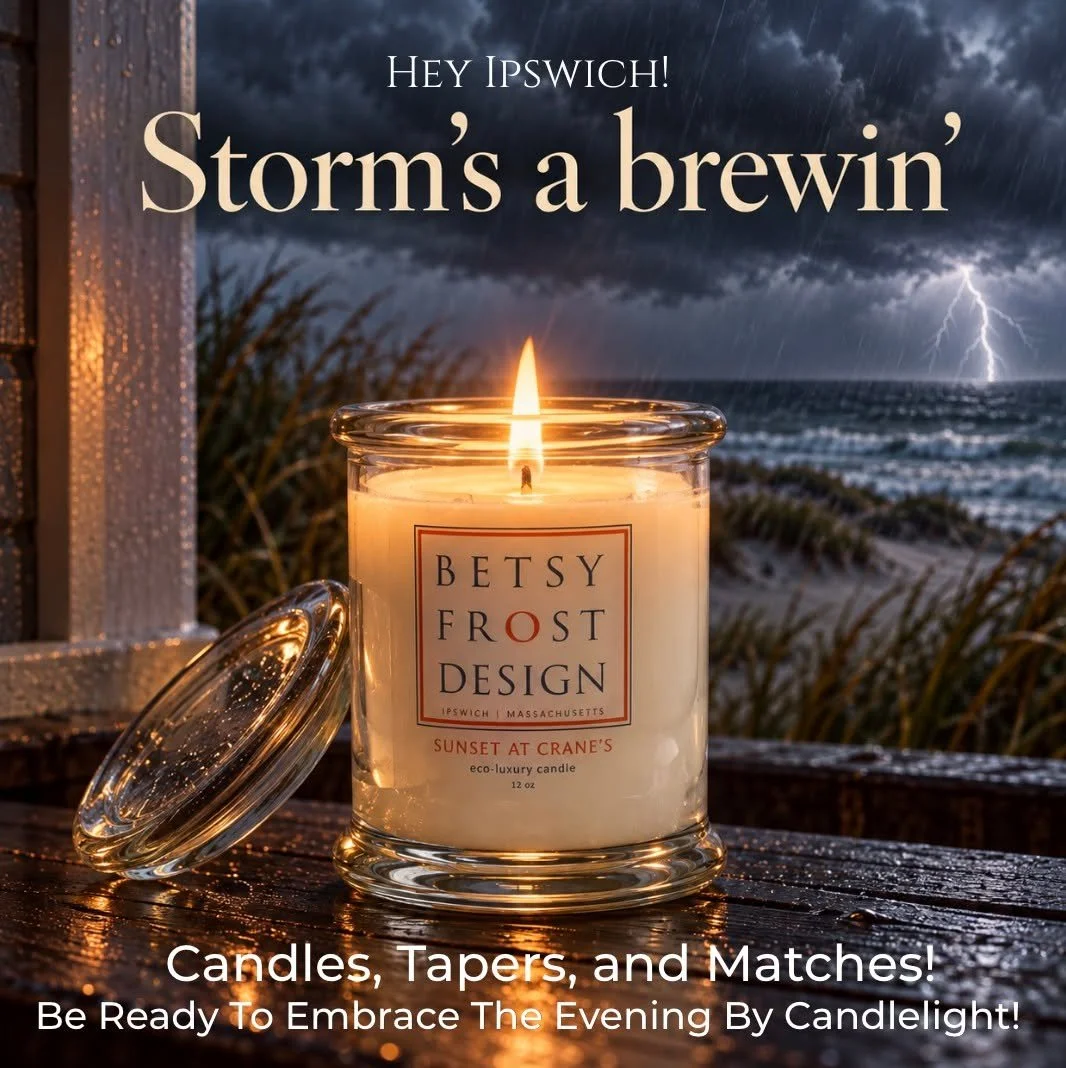 Ipswich Friends: Storm&rsquo;s a Brewin&rsquo;! ⛈️ Grab some candles, tapers and matches at the shop! Settle in, and let the storm roll by. A little coastal comfort from Betsy Frost Design. 🕯️Enjoy rainy day shopping? We&rsquo;re Open Friday 10-6, S