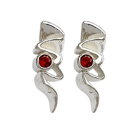 Sterling Silver Ribbon Candy Post Earrings with Red Stone