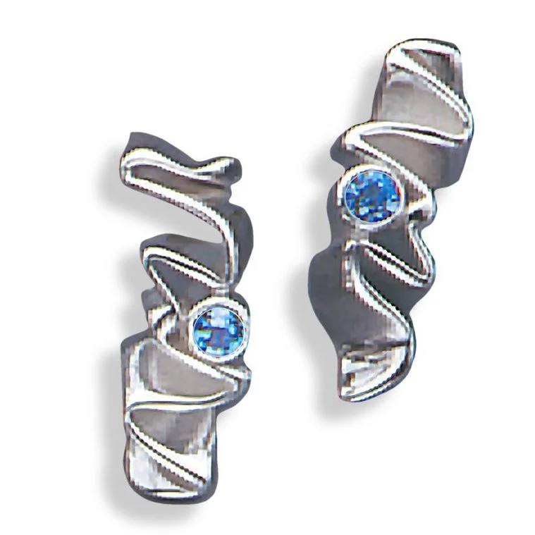 Sterling Silver Ribbon Candy Post Earrings with Blue Topaz