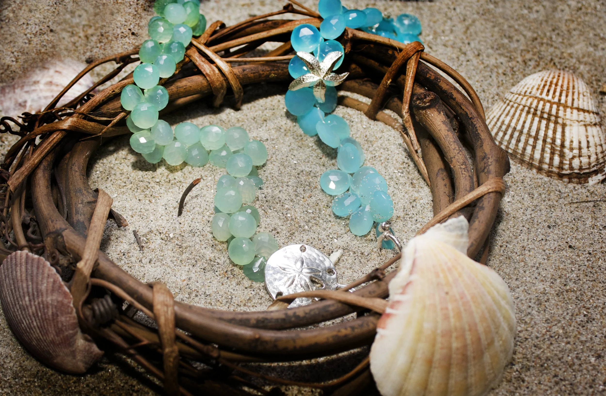 Sterling Silver Sand Dollar Bracelet with Green Chalcedony