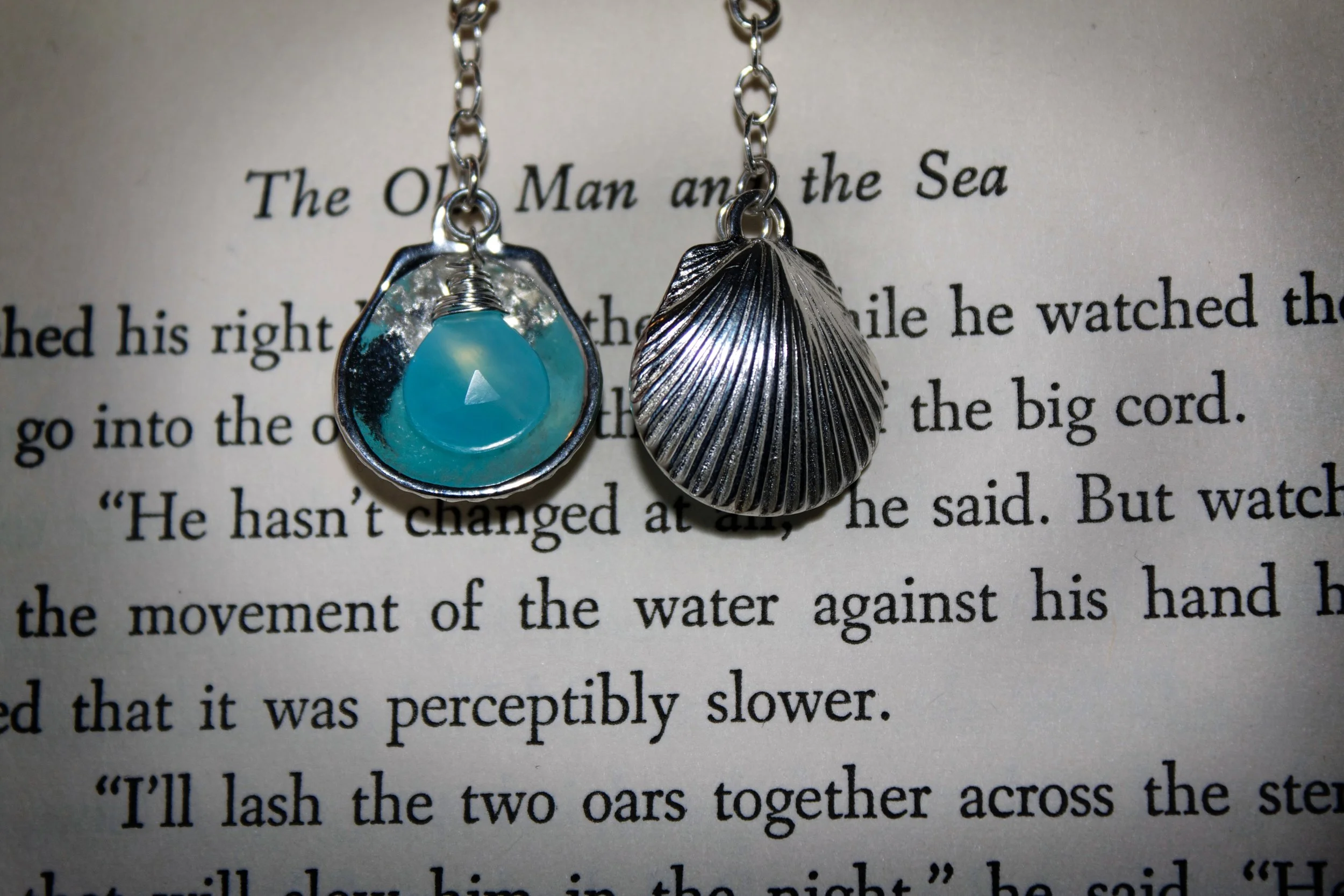 Large Scallop French Wire Earrings with Caribbean Blue Chalcedony