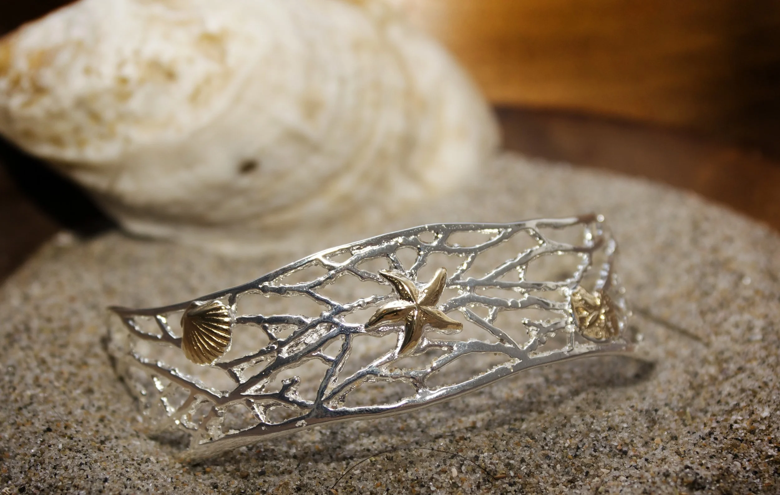 Small Coral Cuff Bracelet with 14K Two-Tone Starfish, Scallops and Sand Dollars