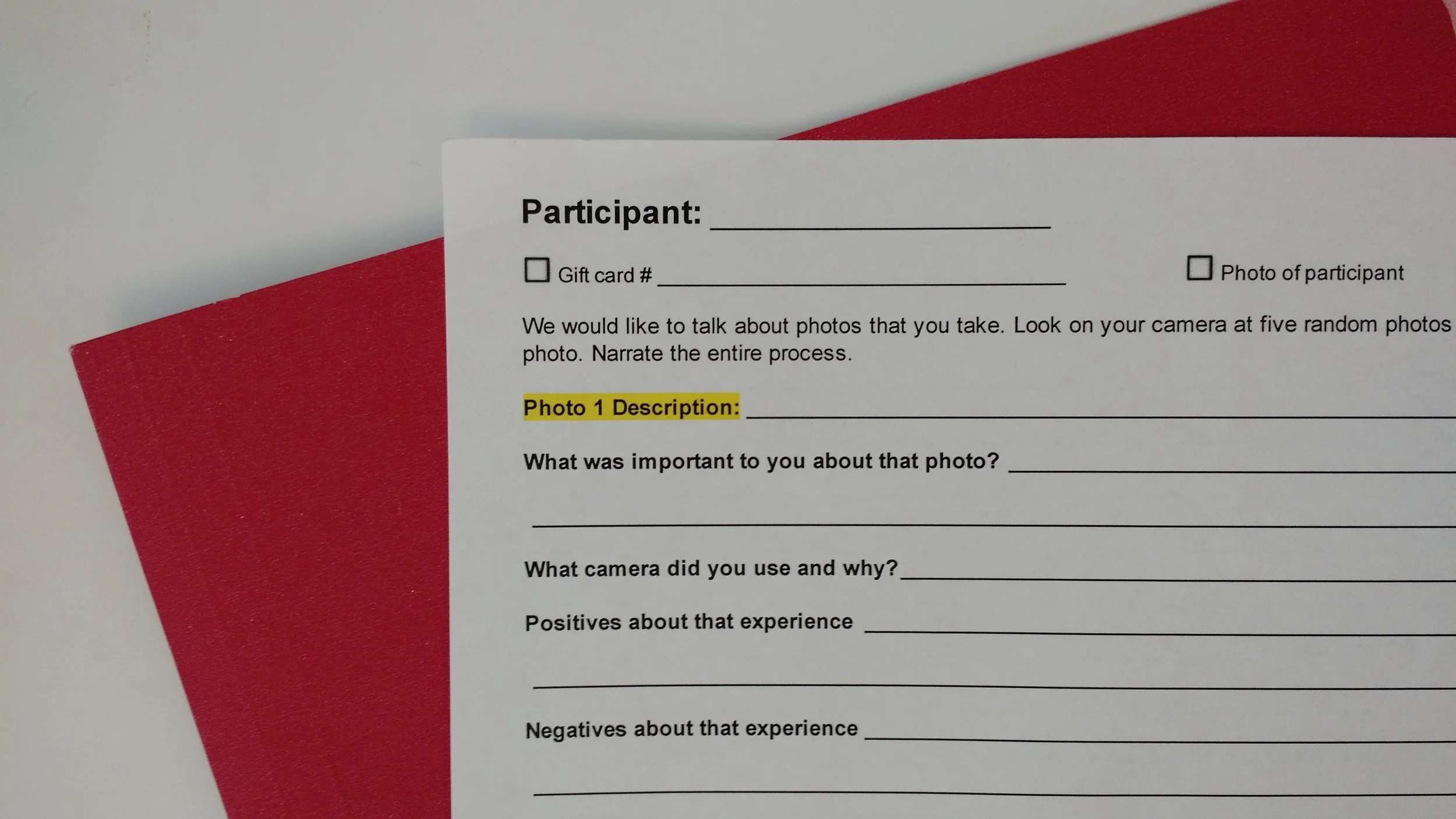 Data collection sheets for intercepts