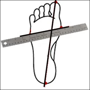 Picture 2. Tracing a line between the points of the longest and widest part of your feet