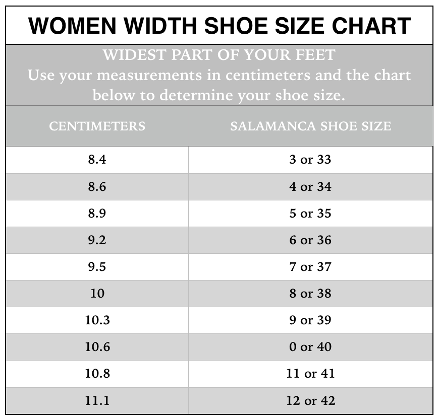 Copy of Shoe Size Chart — Salamanca Custom Made Tango Shoes