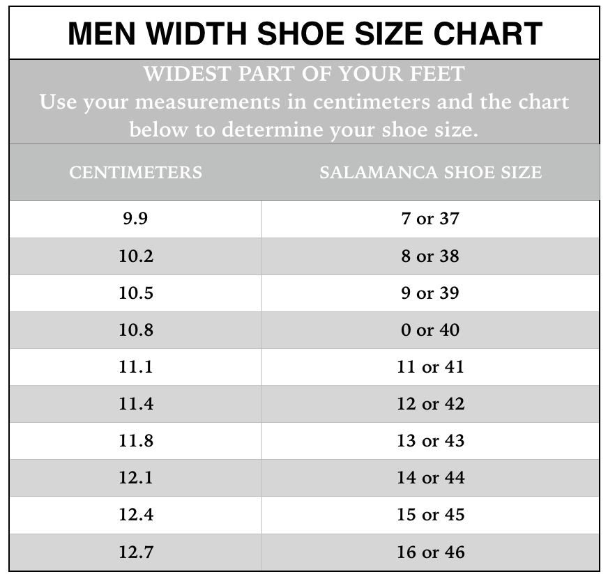 men shoe size table