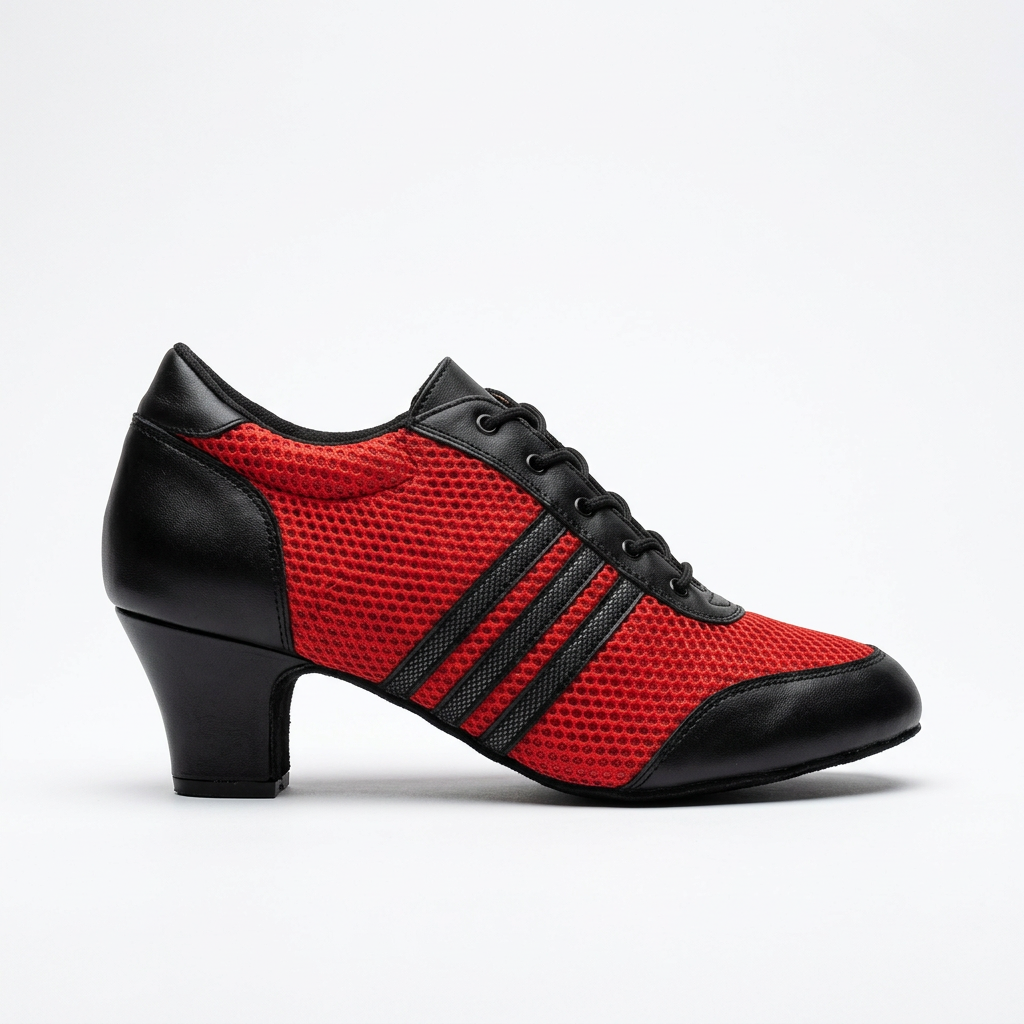 Red and black tango shoe for practice with a mid-height heel, black laces, and three black stripes on the side