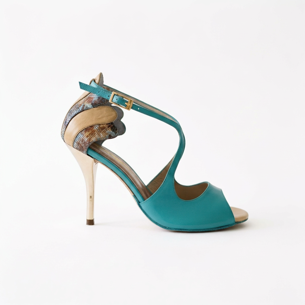 A high-heeled tango shoe with turquoise patent leather, a unique design made for women, and a gold metallic heel