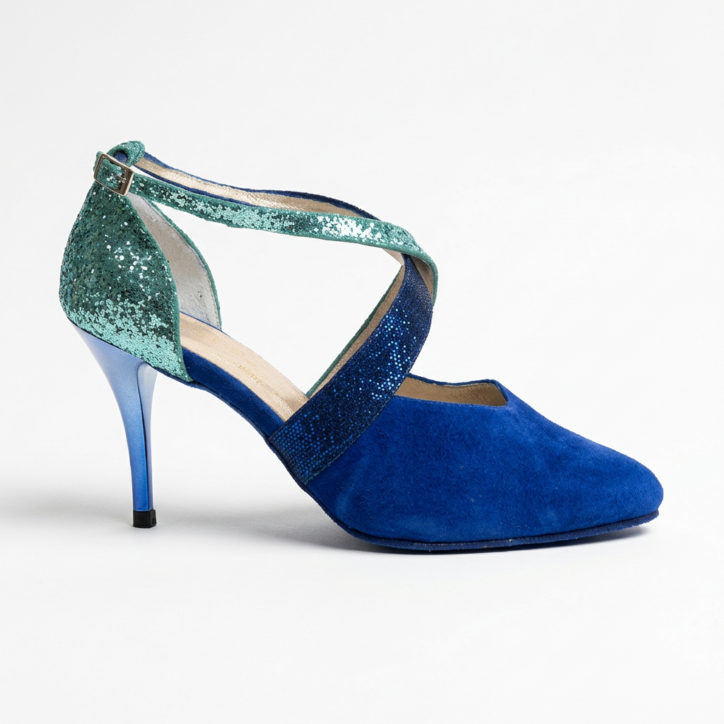 A colorful high-heeled shoe with blue and green glitter accents, a pointed closed-toe tango shoe option, and an ankle strap.