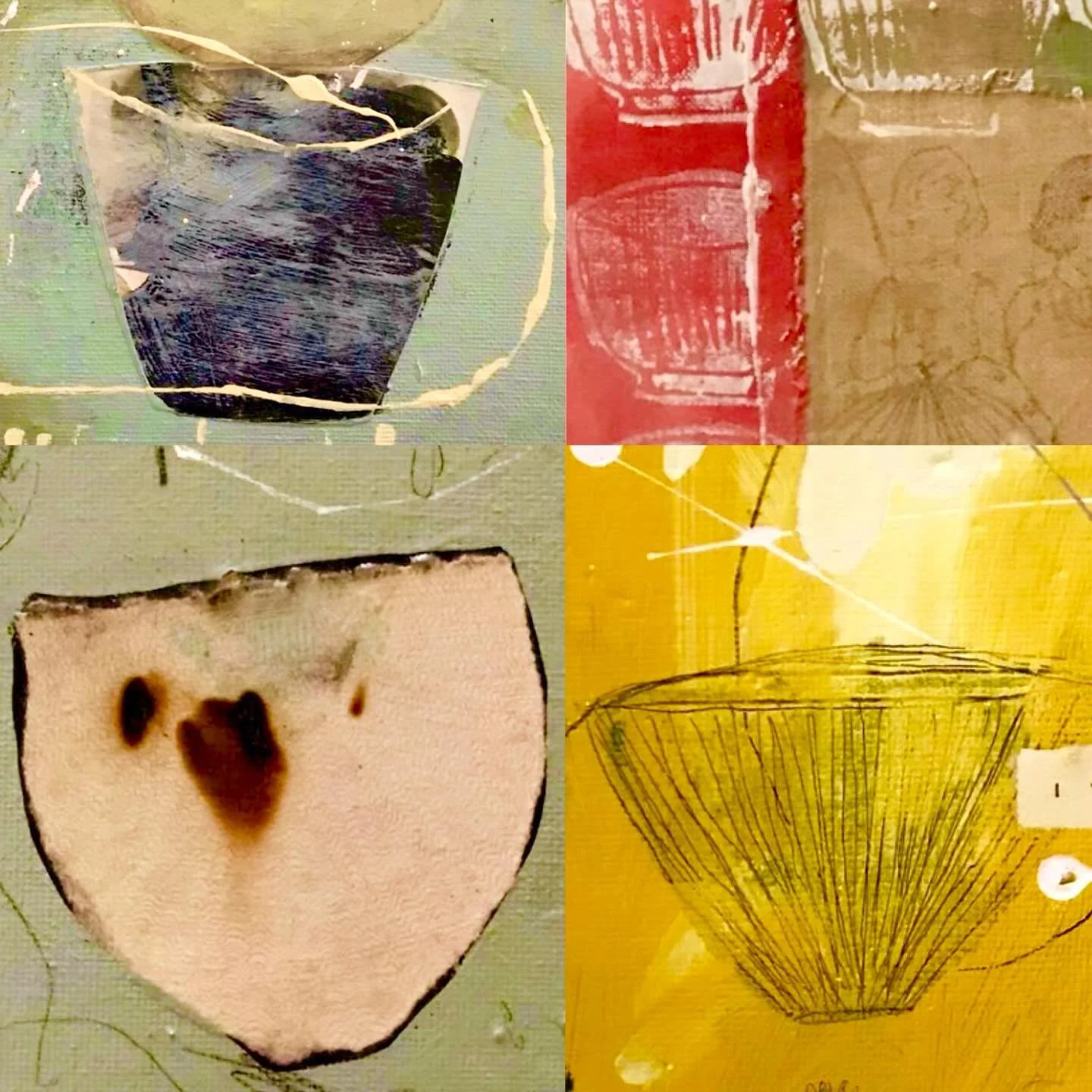 Round bowls. Giant, hiding, inside colorful backgrounds. Concealed in square spaces. Oblivious feasts. Like giant elephants in rooms. Looking to escape definition, avoid being talked about, danced around. Refuse to return to visibility.