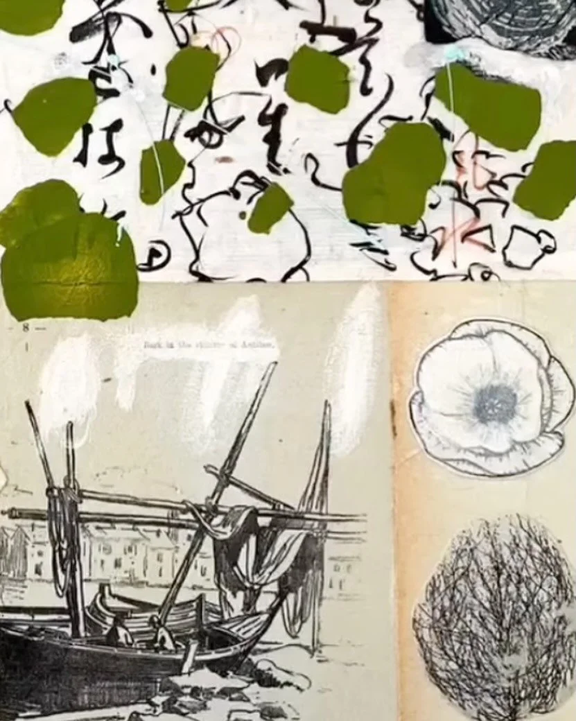 .
~ Almost ~ 

Some of the things in this almost whole piece:

Very green blobs, almost round, almost floating, almost festive, almost breaking free, almost making it.

Underneath them, almost words. 

A very pale blue background on the bottom left, 