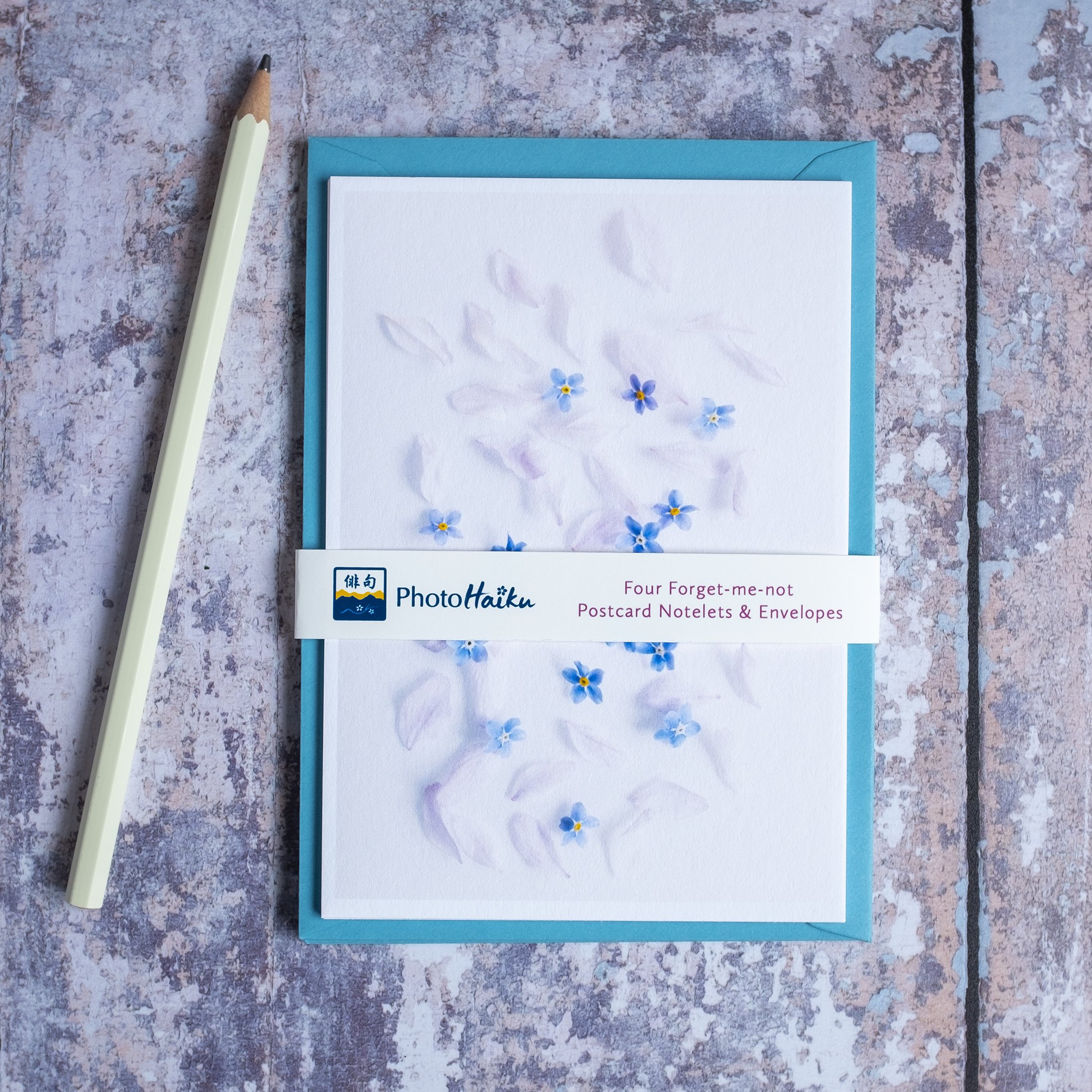 Set of 4 forget me not notelets, with blue envelopes.