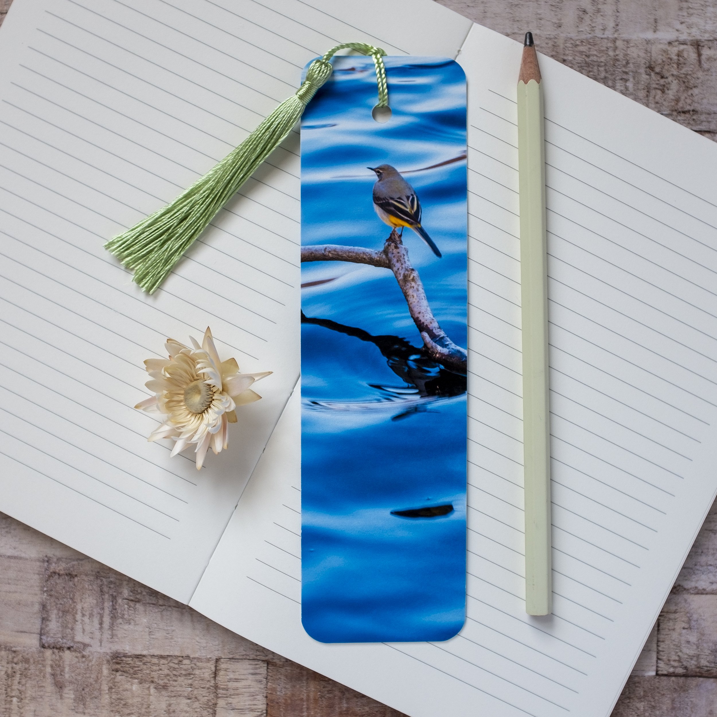 Luxury handmade bookmark with a grey wagtail bird.