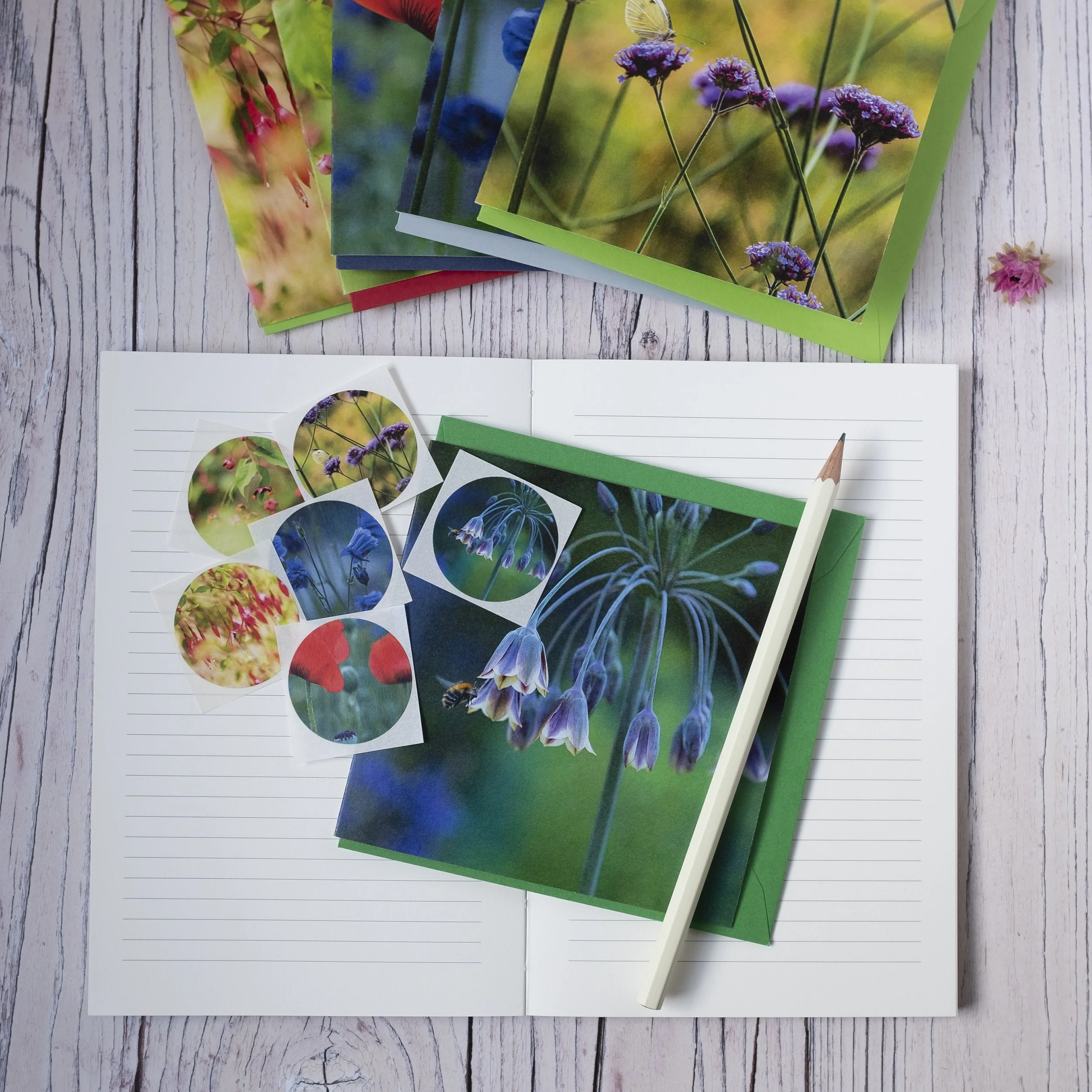 Garden Zen Collection, Set of Six Garden Floral Note Cards and Matching Sticker Seals