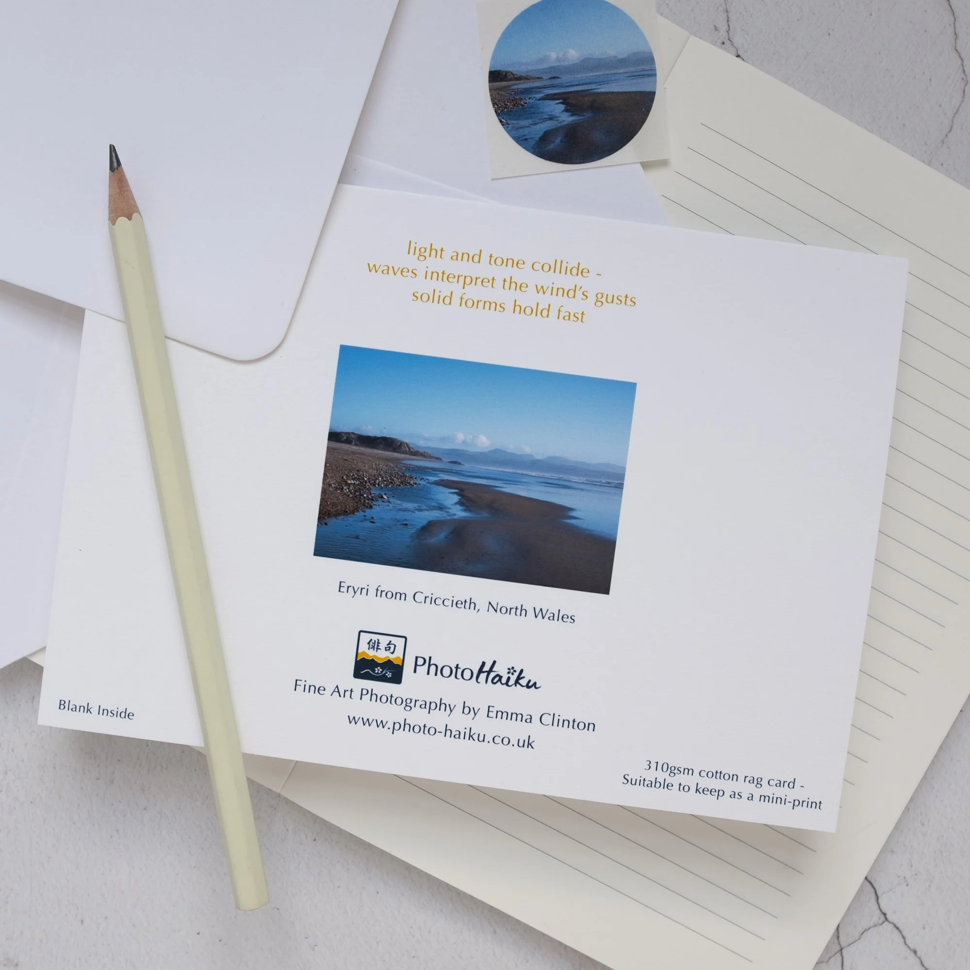 Luxury Snowdonia Welsh Coast Card with Matching Seal and Haiku Poem on Reverse, Blank Inside