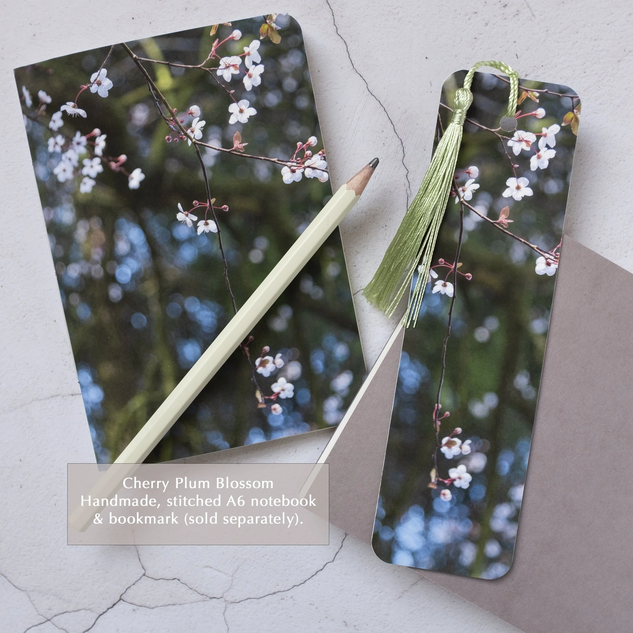 Cherry Blossom Handmade A6 Notebook alongside an optional matching bookmark.