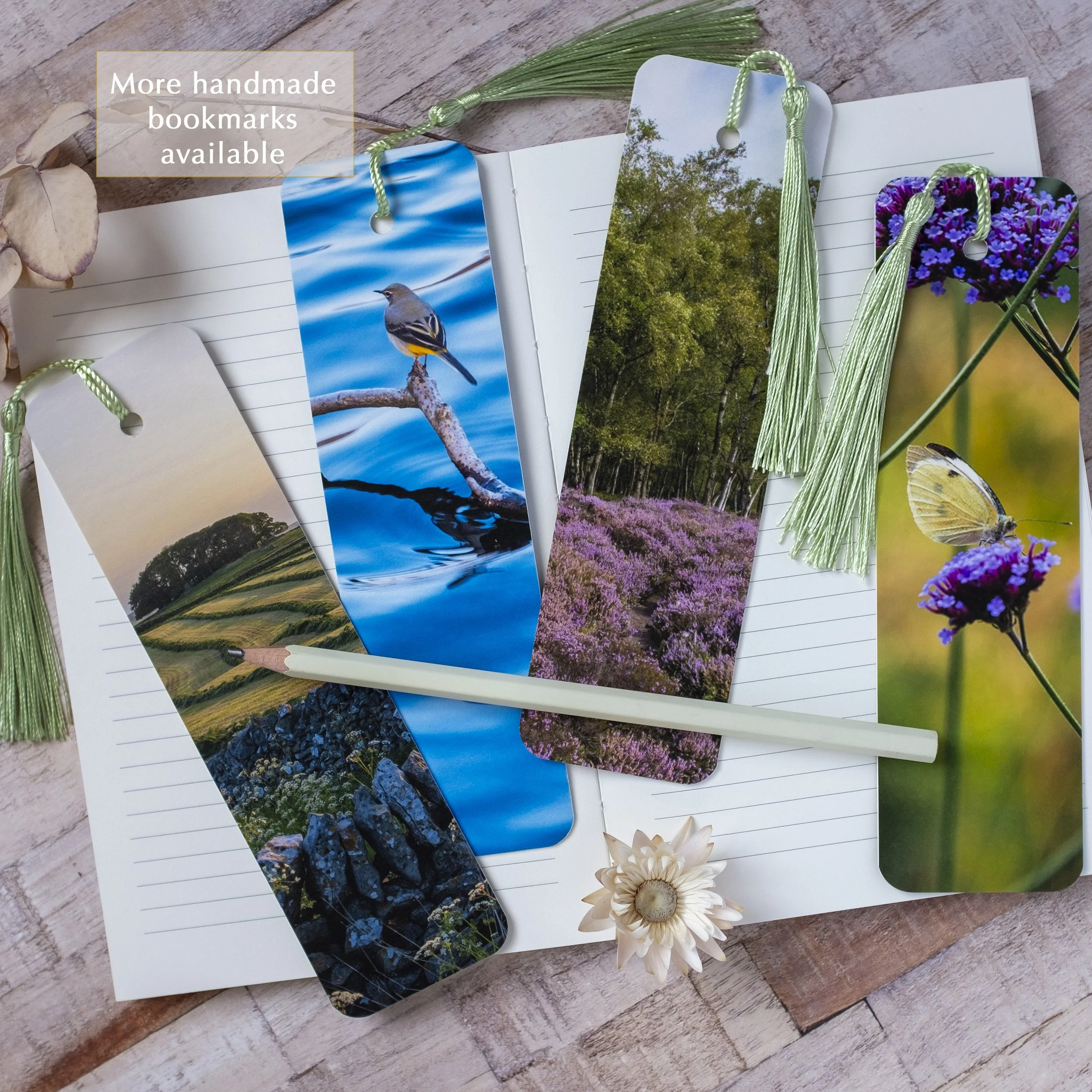 Luxury handmade bookmark with a grey wagtail bird. Showing the bookmark alongside other designs available. (Copy)