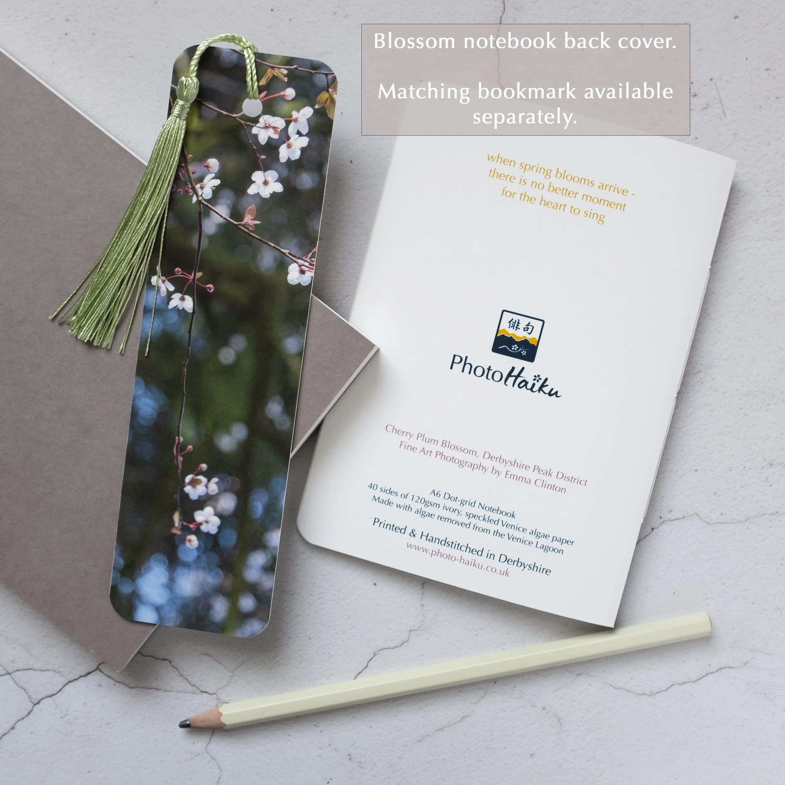 Cherry Blossom A6 Notebook Back Cover showing branding and haiku poem