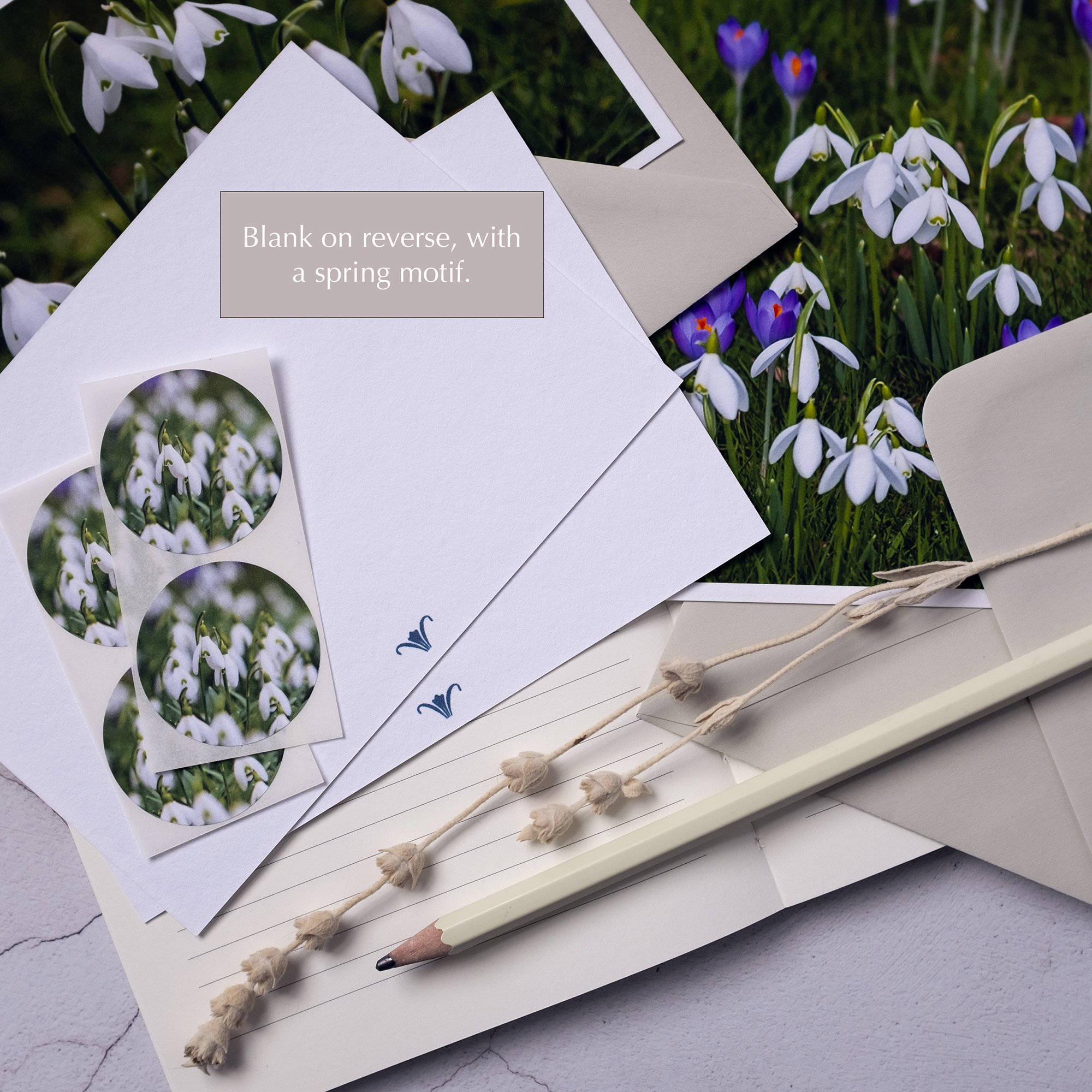 Snowdrop notelets set made in the UK, A6 with snowdrop sticker seals.
