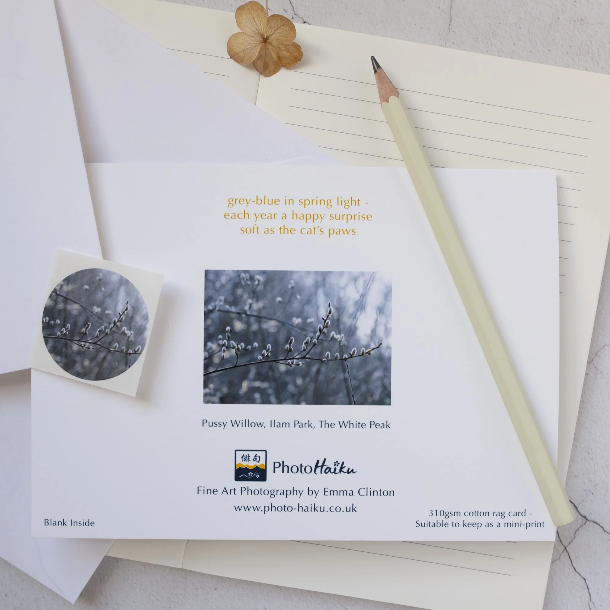 Luxury Spring Willow Card with Sticker Seal and Haiku Poem on Reverse, Blank Inside