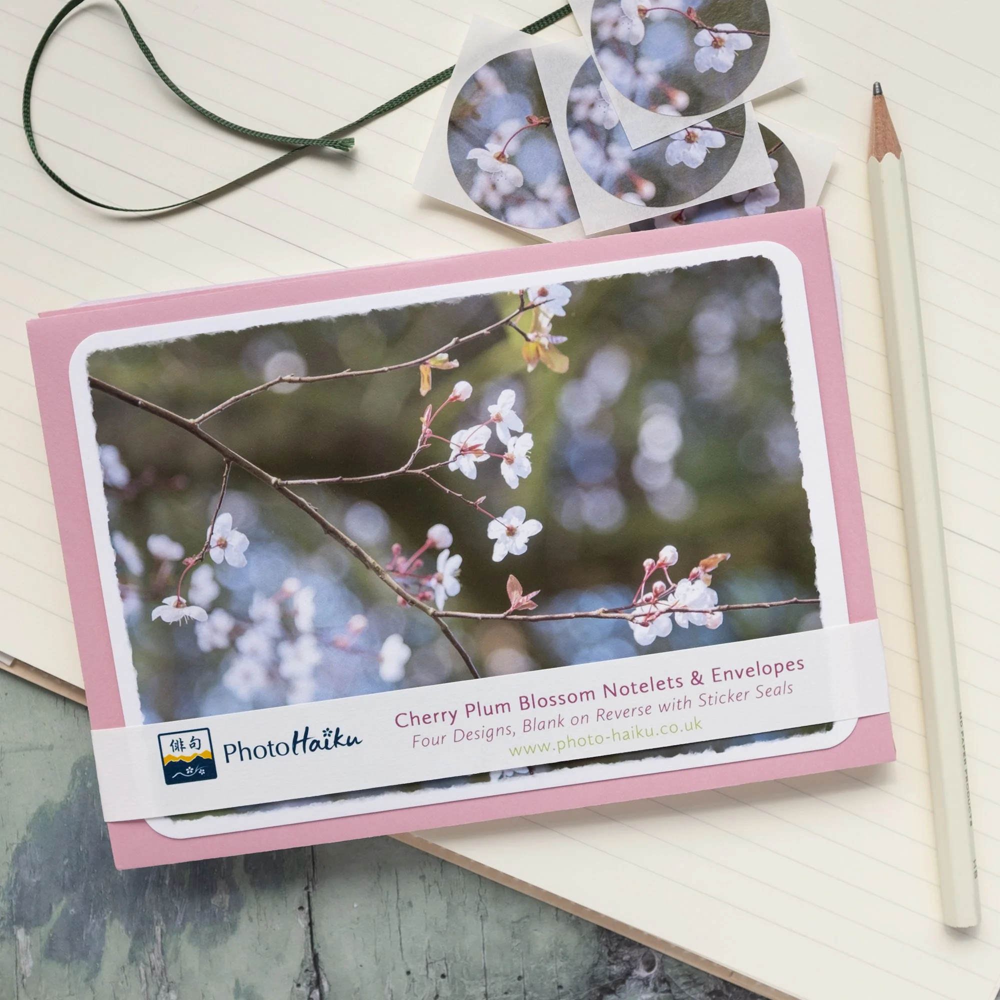 Cherry Plum Blossom Spring Notelets Set with Sticker Seals