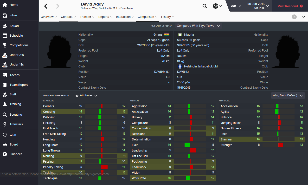 Wingback (Defend) is selected here, a role I intend to use again teams with wide wingers