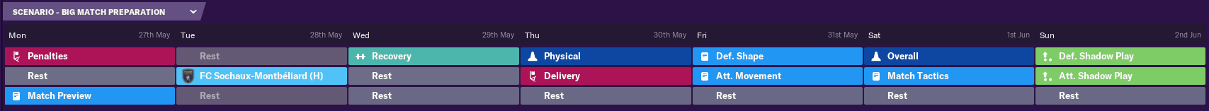 Training calendar view pre-Sochaux.