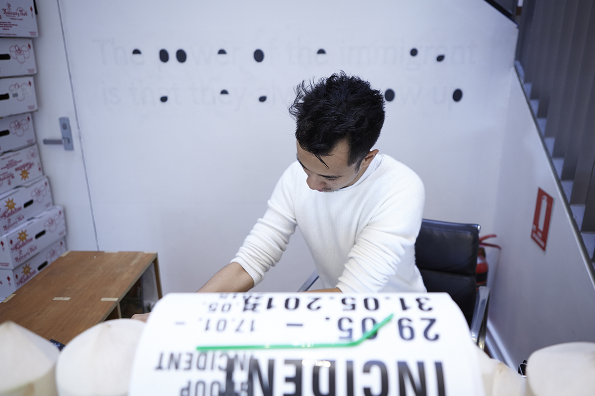 A Novel Merchant (performance documentation), 2015, performed as part of 48 HR Incident , 4A Centre for Contemporary Asian Art. Photo: Zan Wimberley. Copyright JD Reforma.