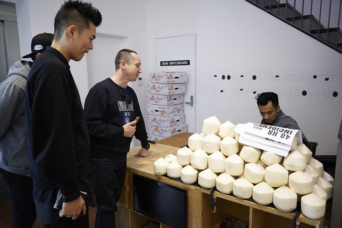 A Novel Merchant (performance documentation), 2015, performed as part of 48 HR Incident , 4A Centre for Contemporary Asian Art. Photo: Zan Wimberley. Copyright JD Reforma.
