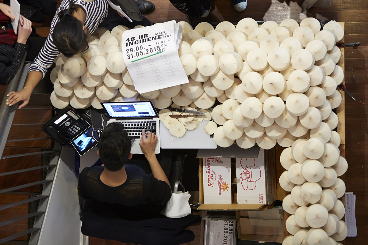 A Novel Merchant (performance documentation), 2015, performed as part of 48 HR Incident , 4A Centre for Contemporary Asian Art. Photo: Zan Wimberley. Copyright JD Reforma.