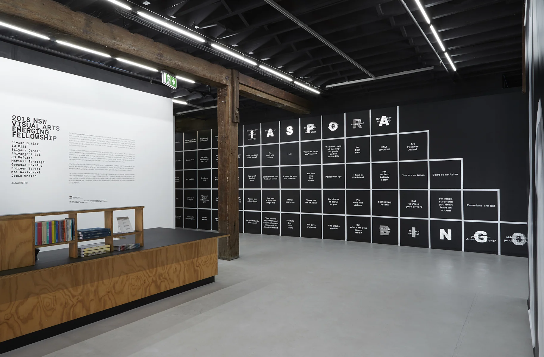 Diaspora Bingo (FILX edition) , 2018, site-specific installation with computer-cut vinyl adhesive, installation view, 2018 NSW Visual Arts Emerging Fellowship , Artspace, Sydney. Photo: Zan Wimberley. Copyright JD Reforma