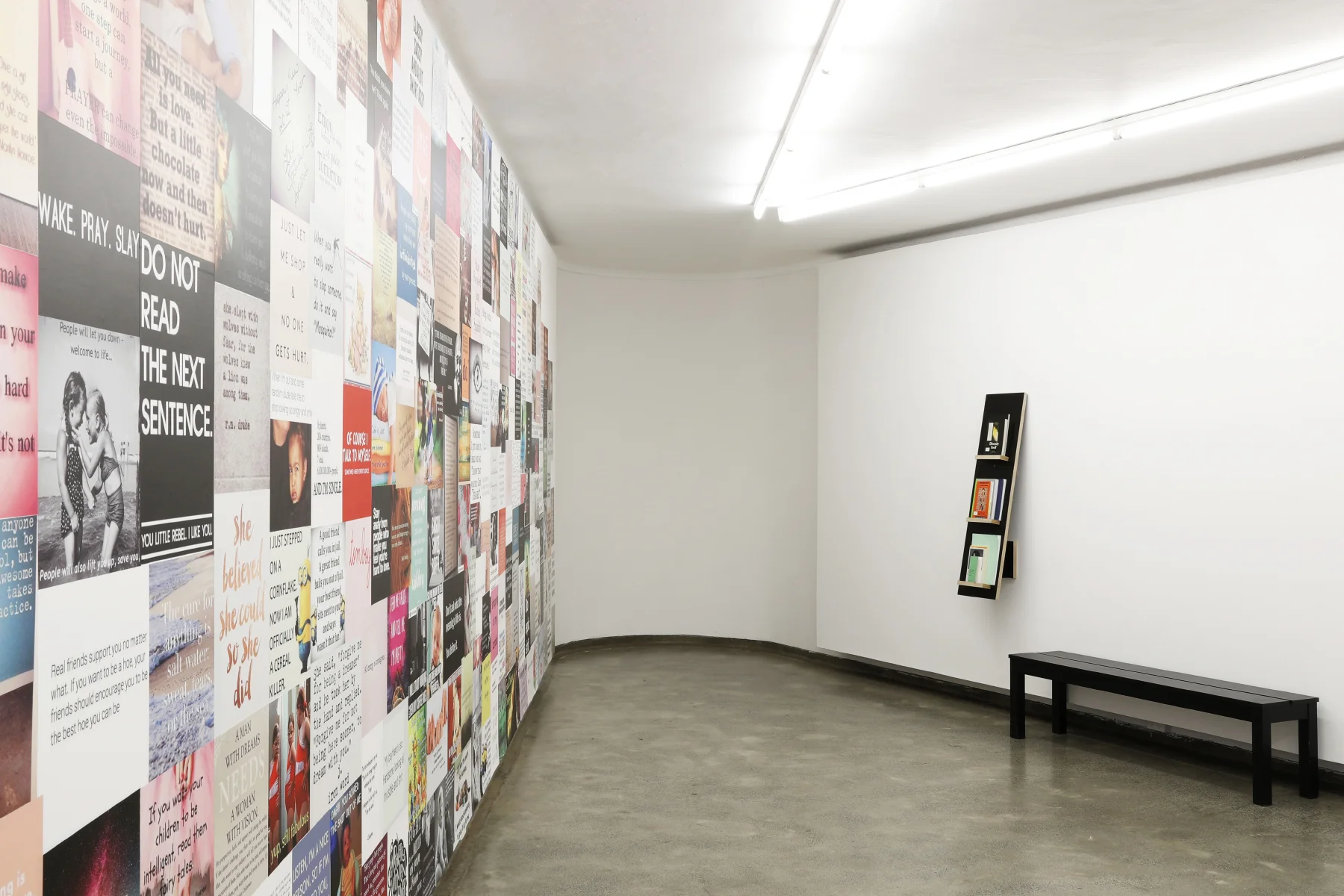 Why should I be sad? , site-specific installation of 275 motivational images sourced from the Instagram account of Britney Spears, printed on adhesive vinyl, installation view, Do you know this feeling?, curated by Sebastian Henry-Jones, Firstdraft, Sydney. Photo: Zan Wimberley. Copyright JD Reforma