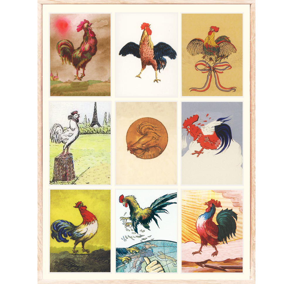   Political Rooster 2 017, series of 9 postcards, 5.5 x 4 inches each, 22 x 19 inches framed, unique. 