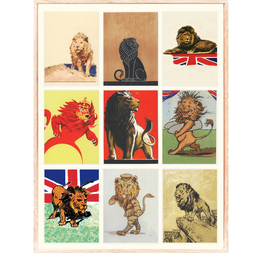   Political Lion  2017, series of 9 postcards, 5.5 x 4 inches each, 22 x 19 inches framed, unique. 