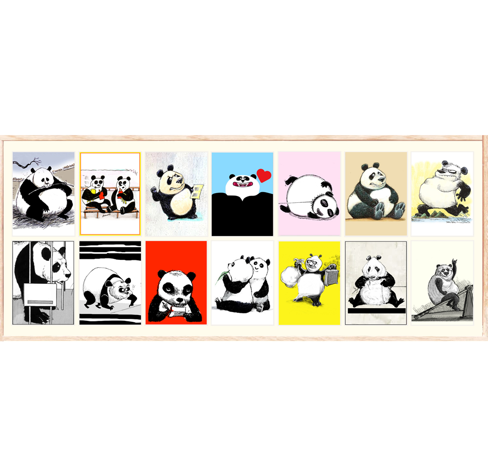   Political Panda  2017, series of 14 postcards, 5.5 x 4 inches each, 18 x 14 inches framed, unique. 