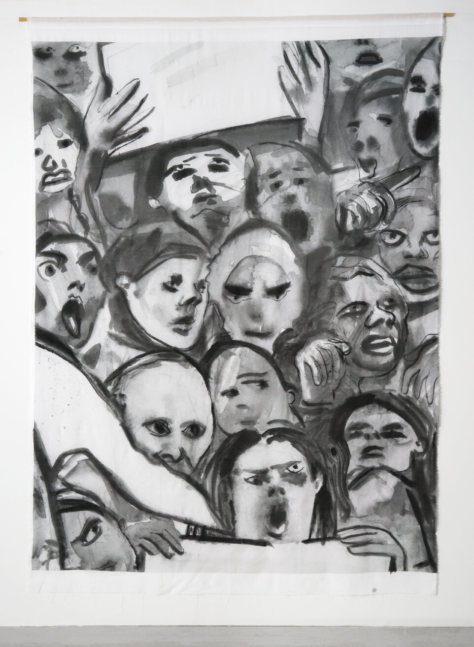    Masses, 2019-2020, watercolor on printed cotton, wood, 83 x 58 in / 210 x 147 cm   