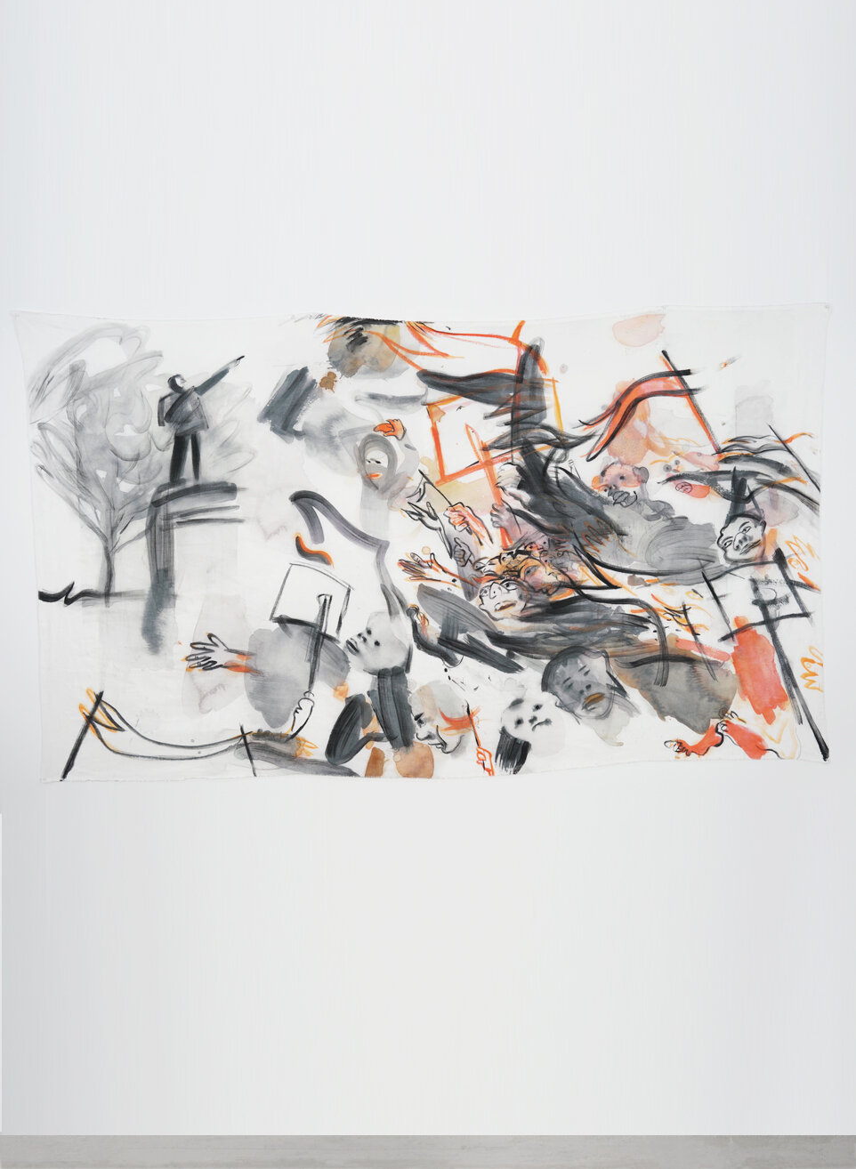    Masses, 2019-2020, watercolor on printed linen, 83 x 58 in / 210 x 147 cm   