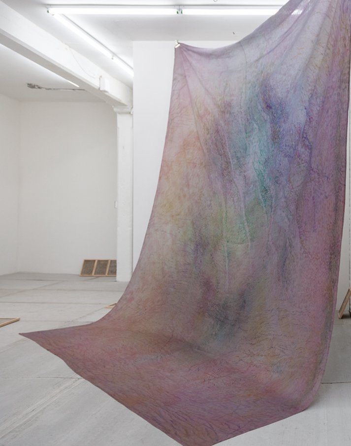  Installation view, Alina Bliumis,  Imagination Nation , Elma, NY;   Bruise Series , 2021, watercolor on printed linen, 147 x 112 inches, photo by Ege Okal 