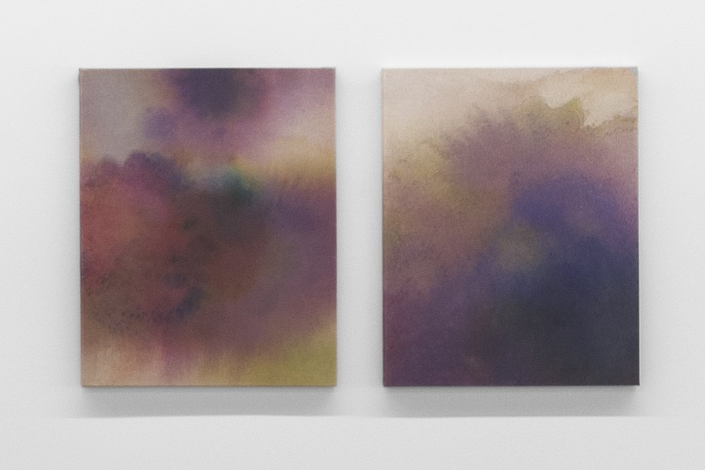   Left: Bruise #35% ( *35% of women have been subjected to gender-based violence worldwide) Right: Bruise #60%  (*60% of children age 2-14 years old have experienced corporal punishment ) / 2020, watercolor on linen, 30 x 24 in each 