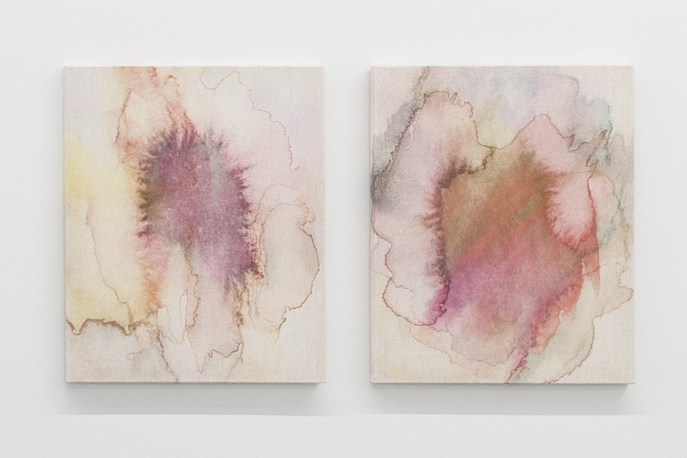  Right:  Bruise #71%  (*71% of heavy social media users reported feeling lonely) Left:  Bruise #80%  ( About 80% of people have these imaginary relationships with media figures.) /  2020, watercolor on linen, 30 x 24 in each 