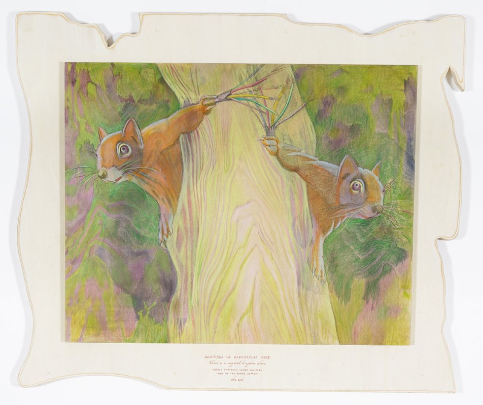 AlinaBliumis_SQUIRREL_VS_-ELECTRICAL_WIRE_2022_watercolor_on_wood_33x39x2.5.jpg