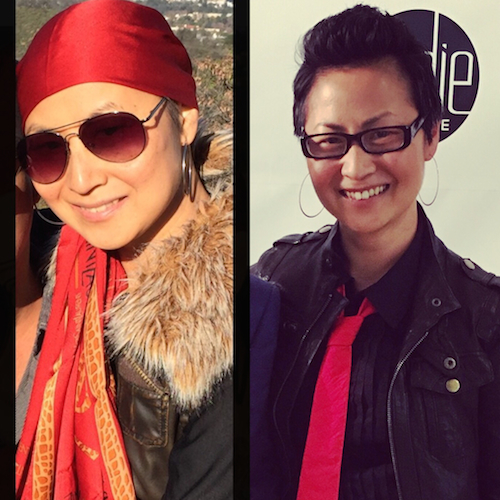Left: Wearing one of my signature scarves during chemo; Right: At a fashion event, shortly after my final surgery.
