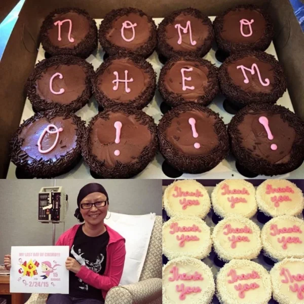 One year ago today, celebrating my final chemo day! Top and Bottom Right: Cupcakes for my amazing oncology team; Bottom Left: Holding my awesome final chemo day poster (illustrated by my amazingly talented boyfriend), wearing my signature headscarf & my David Bowie t-shirt 😢💔 , (now poignantly) representing me kicking cancer's ass. 