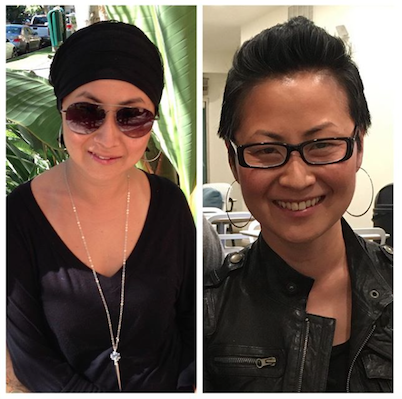 Left: My first picture on the day after shaving my head; Right: My first post-chemo haircut (which I LOVED!)